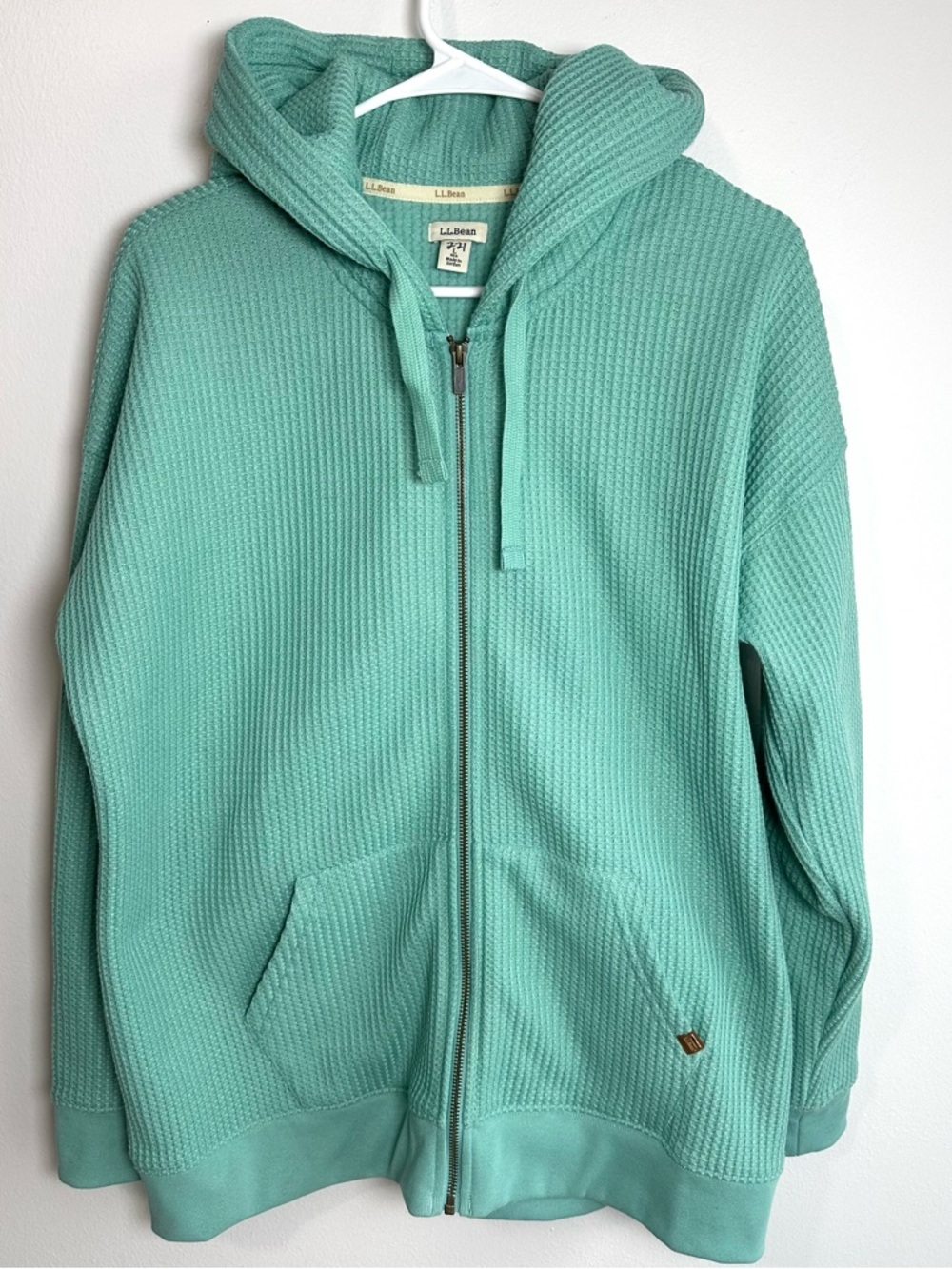L.L. Bean Teal Waffle Knit Textured Jacket Zip Up Hoodie Size Large